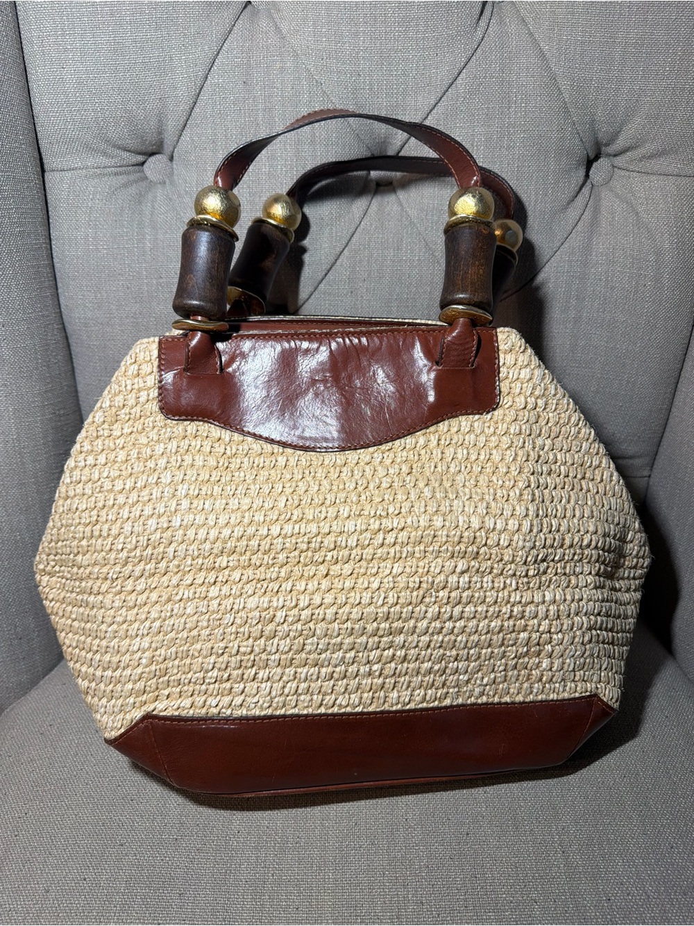 Vintage Carla Marchi Woven Raffia L& Leather Bag With Wooden Handle Italy